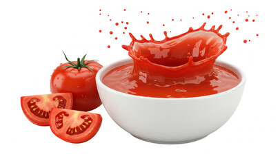 Tomato splash in bowl with fresh tomatoes isolated on transparent background