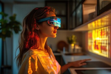 Woman wearing futuristic AR glasses interacts with a smart kitchen interface, showcasing advanced technology.