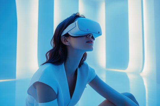 Woman immersed in virtual reality, experiencing a futuristic digital world.