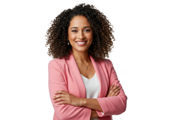 Smiling woman in pink blazer portrait shot on transparent background