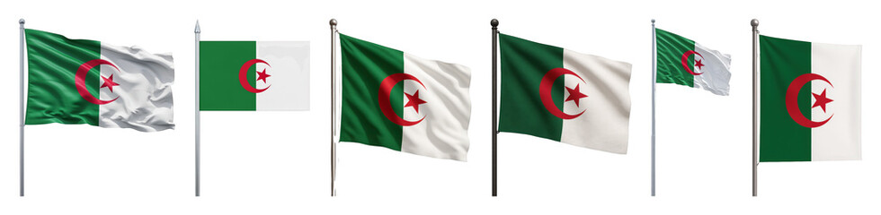 Algerian flag set including waving, static, and rectangular variations isolated. National symbol and country representation.