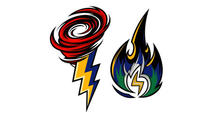 Stylized tornado and fire emblems with lightning bolts.