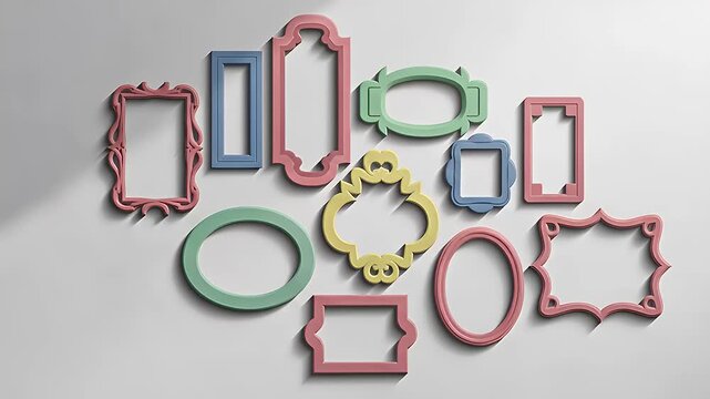 Colorful decorative frames arranged artistically on a light background, showcasing design possibilities