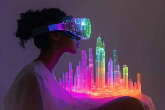 A woman wearing a VR headset experiences a vibrant, futuristic cityscape visualized in a holographic display.