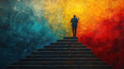 Man ascends stairs towards vibrant, contrasting wall.