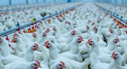 Many white chickens in a modern farm setting