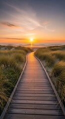 Fototapeta premium Wooden Boardwalk Leading to Beach at Sunset