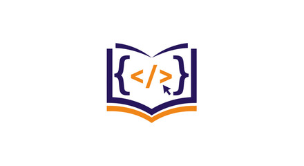 open book with coding symbols and cursor representing programming education and learning.