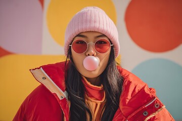 Stylish woman in pink hat and sunglasses blowing bubble gum against pastel wall, street fashion photography with bright outdoor summer vibes