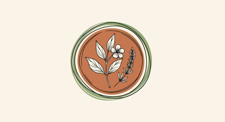 Circular emblem showcasing delicate botanical illustrations of leaves and flowers.