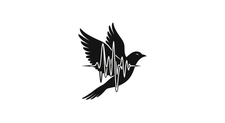 Black silhouette of a flying bird with a heartbeat line across its body.