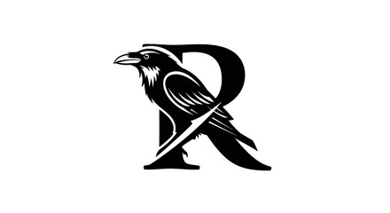Monochromatic Raven Perched on Stylized Letter R Logo Design.