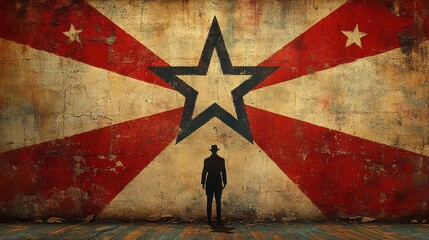 Man in suit silhouetted against large star mural on grunge wall.