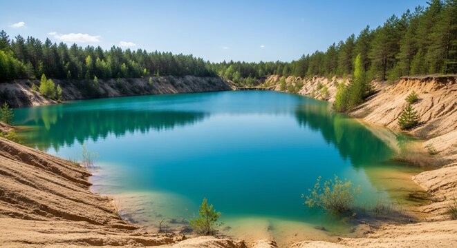Vibrant blue lake in sandy pit green forest landscape serenity nature scene - Powered by Adobe