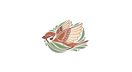 Stylized Flying Sparrow Bird with Artistic Leafy Elements.