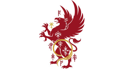 Majestic Red Griffin with Intricate Golden and White Symbols.
