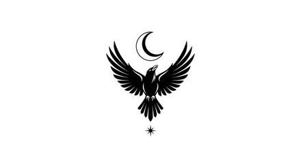 Majestic Raven with Outspread Wings and Crescent Moon Symbol.
