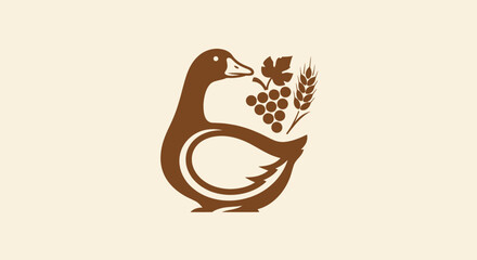 Stylized brown duck with grapes and wheat farm produce emblem.
