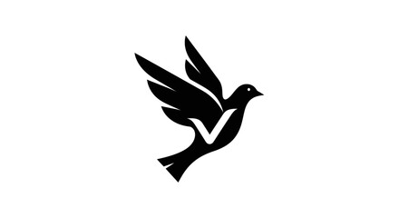 Black dove with a subtle V shape integrated into its body flying gracefully.