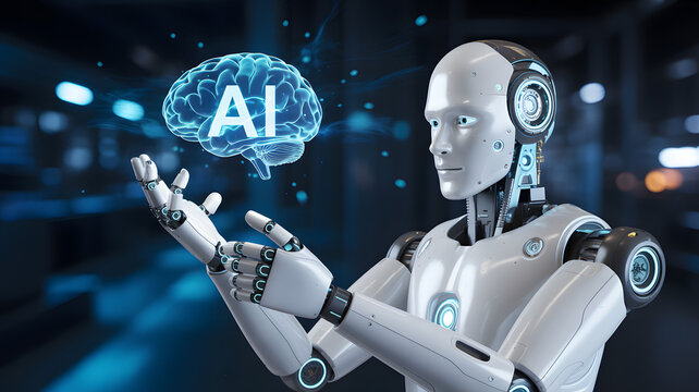 Futuristic robot holds glowing AI brain concept elegantly poised