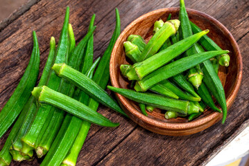 Fresh green okra, Organic vegetable, Asian food ingredients, Okra or Lady's finger or Bhindi fresh...