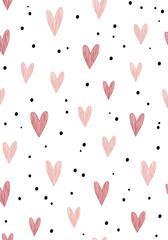 Whimsical hand drawn pink hearts and black dots pattern design for lovely occasions