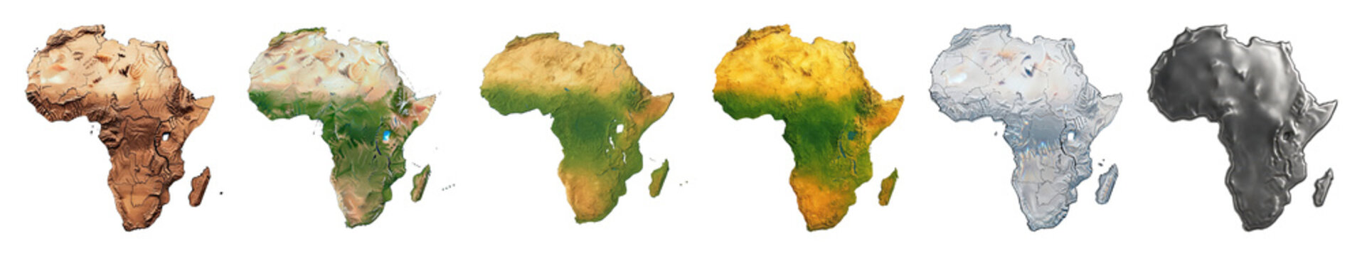 Africa continent map set including earthy, satellite, topographic, elevation, icy, and liquid metal styles isolated. Geographical concepts.