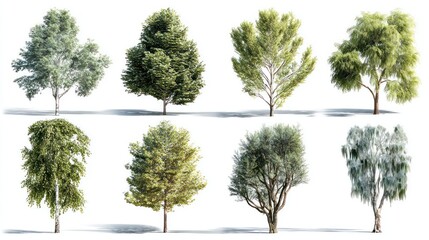 Eight isolated trees with diverse shapes and leaf textures arranged on white background