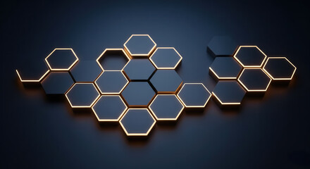 Abstract geometric composition of illuminated hexagon tiles forming a honeycomb network on a dark surface, showcasing modern tech aesthetics.