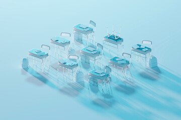 3d render of empty classroom desks with books for modern e learning