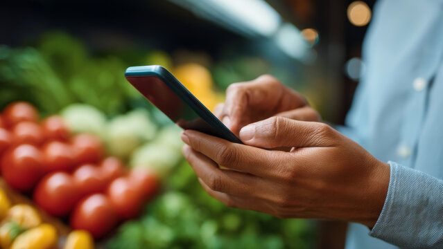 Smartphone grocery price comparison app used by shopper at produce stall holding phone in hand