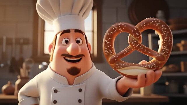 Cheerful chef presenting a freshly baked pretzel in a cozy kitchen filled with baking tools