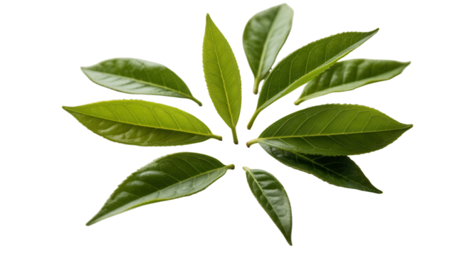 Fresh green tea leaves arranged in a circle isolated on Transparent Background - Powered by Adobe