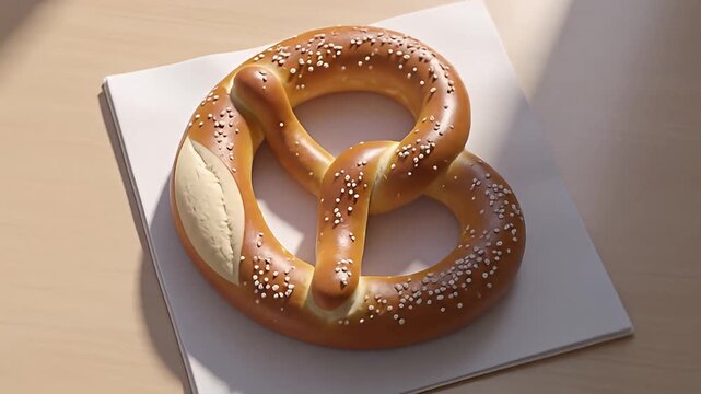 A freshly baked, golden-brown pretzel with salt on a white plate, illuminated by soft sunlight