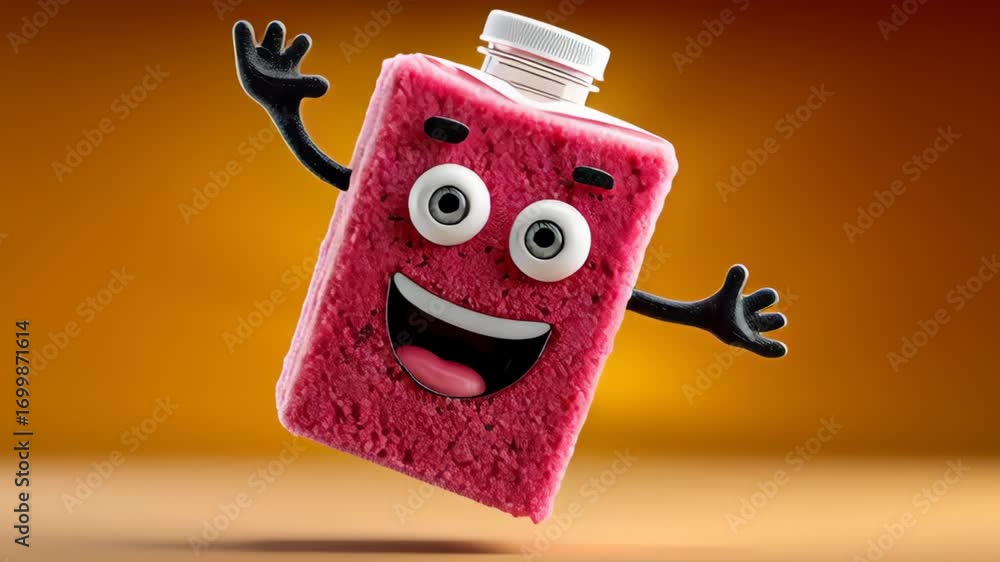 Poster cartoonish pink container with a smiling face on it. the container is in the air and he is happy