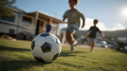 Fototapeta premium A family plays soccer near their RV at a grassy campground with a ball bouncing kids kicking a goalpost wobbling and the RV parked nearby shown in a lively photo with ball cur