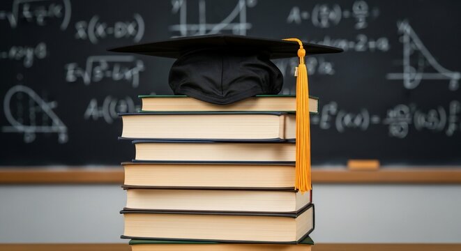 Graduation cap on books stack against chalkboard with equations