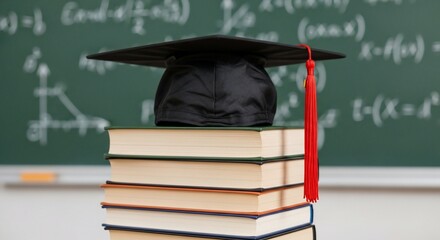 Graduation cap on books stack against chalkboard with equations