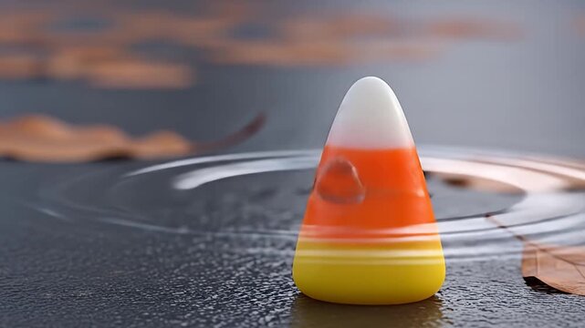 Colorful candy corn on wet surface with water droplet, surrounded by fallen leaves in autumn