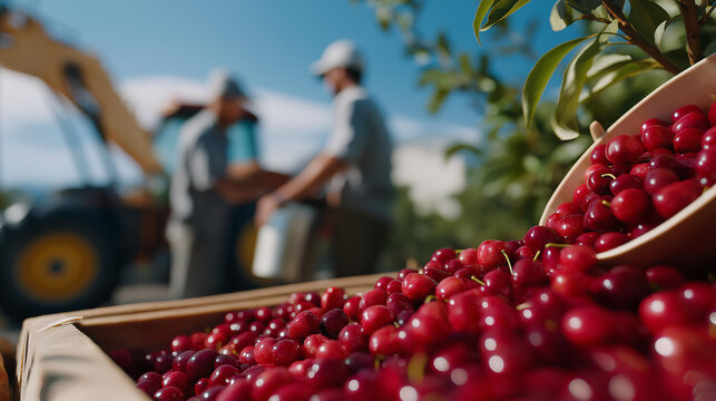 Workers gather cherries in an orchard with red fruit tumbling into buckets ladders propped a breeze rustling leaves and a tractor waiting nearby shown in a vibrant photo with