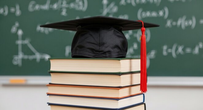 Graduation cap on books stack against chalkboard with equations