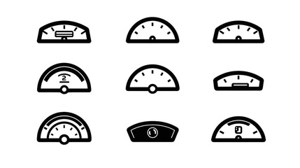 Nine monochrome automotive instrument cluster designs.  Each shows various gauges and indicators.  Simple line art style