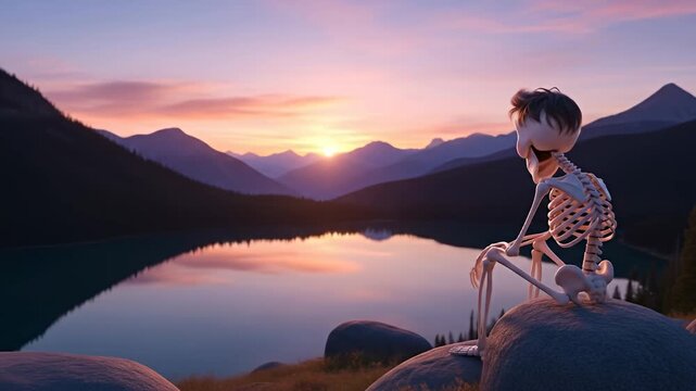 A whimsical skeleton sits on a rock by a tranquil lake at sunset, reflecting on nature's beauty