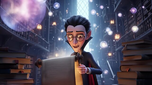 A young vampire in a grand library reads an ancient scroll, surrounded by floating magical orbs