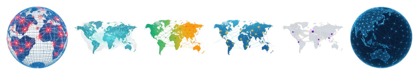 Naklejka premium Global network map set including interconnected globes and various colored world maps isolated. Technology, data, and communication concept.