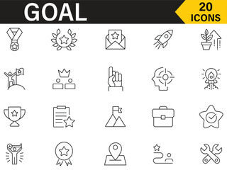Goal icon set collection. Included icons as celebration trophy, mission, winner, success, vision, innovation, consistency, target, focus and more outline symbol. Editable contains of success related.