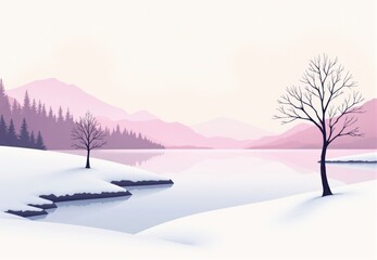 Winter Lake and Mountains with Leafless Trees
