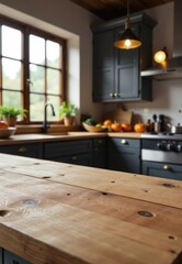 Rustic Kitchen Island Countertop with Blurred Background