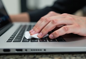 Person Cleaning Laptop Keyboard with Disinfecting Wipe