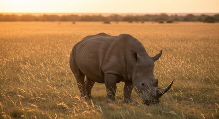 Obraz premium White rhinoceros grazing in golden grassland at sunset